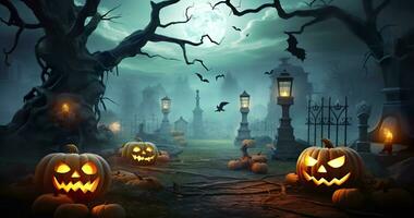 AI generated Pumpkins In Graveyard In The Spooky Night, Halloween Backdrop. Generative AI photo