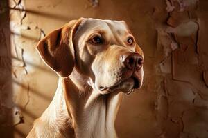 ai generado retrato de un blanco Labrador perdiguero en un beige neutral fondo, recortado foto, natural ligero. ai Arte foto