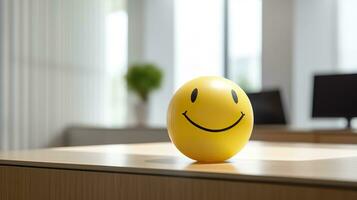 ai generado un amarillo sonriente pelota lata promover un positivo trabajo ambiente. generativo ai foto