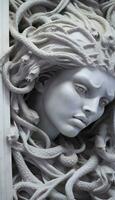 AI generated Portrait of cyborg medusa close up carved in marble. AI Generated photo