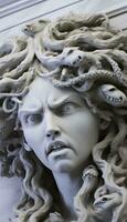AI generated Portrait of cyborg medusa close up carved in marble. AI Generated photo