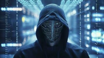 AI generated Binary Intrigue. Anonymous robotic hacker. Concept of hacking. AI Generated photo