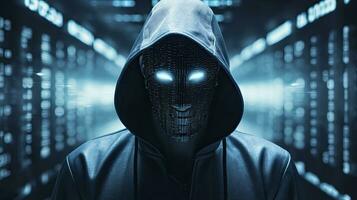 AI generated Binary Intrigue. Anonymous robotic hacker. Concept of hacking. AI Generated photo