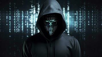 AI generated Binary Intrigue. Anonymous robotic hacker. Concept of hacking. AI Generated photo