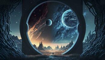 AI generated Portal to another world. Futuristic cosmic landscape with circle tunnel in starry sky. Generative AI photo