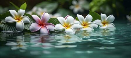 ai generado plumeria flores en verde hoja flotante en agua. un pacífico y sereno escena con un toque de naturaleza y belleza. ai generado foto