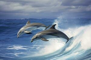 AI generated Playful dolphins jumping over breaking waves. Hawaii Pacific Ocean wildlife scenery. Generative AI photo