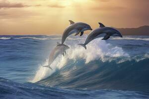 AI generated Playful dolphins jumping over breaking waves. Hawaii Pacific Ocean wildlife scenery. Generative AI photo