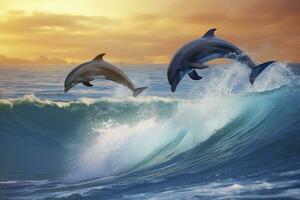 AI generated Playful dolphins jumping over breaking waves. Hawaii Pacific Ocean wildlife scenery. Generative AI photo