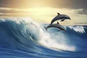 AI generated Playful dolphins jumping over breaking waves. Hawaii Pacific Ocean wildlife scenery. Generative AI photo