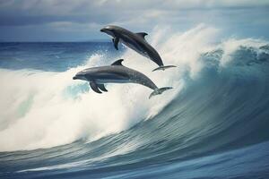 AI generated Playful dolphins jumping over breaking waves. Hawaii Pacific Ocean wildlife scenery. Generative AI photo