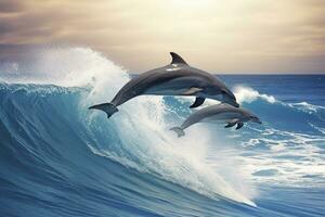 AI generated Playful dolphins jumping over breaking waves. Hawaii Pacific Ocean wildlife scenery. Generative AI photo