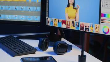 Photo retouching software interface on computer in empty photography studio, close up. Photography organizing program displayed on multi monitors PC setup on multimedia company desk, panning shot video