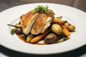 AI generated Plated chicken roast dinner on a white plate with carrot and morel mushroom. AI Generated. photo