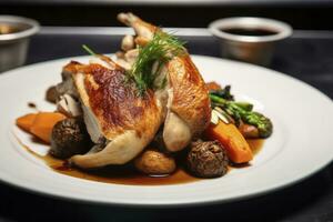AI generated Plated chicken roast dinner on a white plate with carrot and morel mushroom. AI Generated. photo