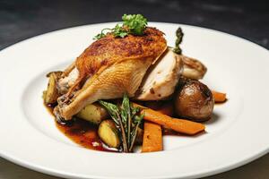 AI generated Plated chicken roast dinner on a white plate with carrot and morel mushroom. AI Generated. photo