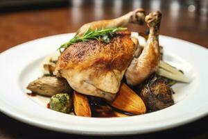 AI generated Plated chicken roast dinner on a white plate with carrot and morel mushroom. AI Generated. photo