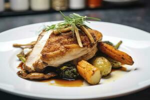 AI generated Plated chicken roast dinner on a white plate with carrot and morel mushroom. AI Generated. photo