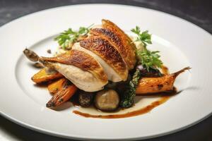 AI generated Plated chicken roast dinner on a white plate with carrot and morel mushroom. AI Generated. photo