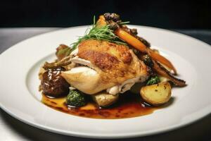 AI generated Plated chicken roast dinner on a white plate with carrot and morel mushroom. AI Generated. photo