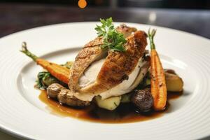 AI generated Plated chicken roast dinner on a white plate with carrot and morel mushroom. AI Generated. photo