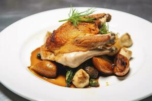 AI generated Plated chicken roast dinner on a white plate with carrot and morel mushroom. AI Generated. photo