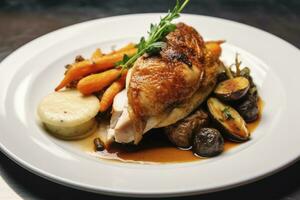 AI generated Plated chicken roast dinner on a white plate with carrot and morel mushroom. AI Generated. photo