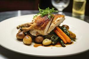 AI generated Plated chicken roast dinner on a white plate with carrot and morel mushroom. AI Generated. photo