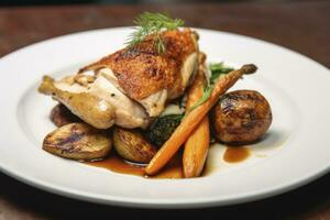 AI generated Plated chicken roast dinner on a white plate with carrot and morel mushroom. AI Generated. photo