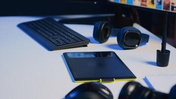 Close up shot of photography studio desk with professional camera, graphic tablet. Photo editing equipment in creative office inside media agency with computer used for image retouching, panning shot