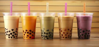 AI generated Plastic cups of different tasty bubble tea on wooden background. Generative AI photo