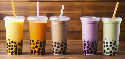 AI generated Plastic cups of different tasty bubble tea on wooden background. Generative AI photo