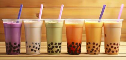 AI generated Plastic cups of different tasty bubble tea on wooden background. Generative AI photo