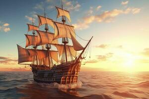 AI generated Pirate ship sailing on the ocean at sunset. Vintage cruise. AI Generated photo