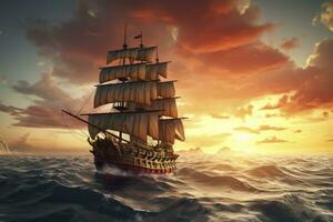 AI generated Pirate ship sailing on the ocean at sunset. Vintage cruise. AI Generated photo