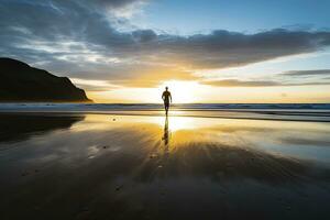 ai generado un persona caminando en el playa a puesta de sol. ai generado. foto