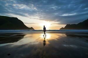 ai generado un persona caminando en el playa a puesta de sol. ai generado. foto