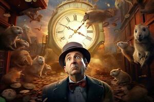AI generated Groundhog Day, man in a hat with a groundhog and a watch photo