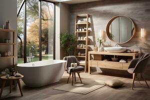 AI generated Scandinavian-inspired bathroom, warm simplicity and natural elements, neutral color scheme with warm wood tones photo