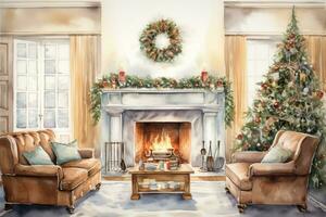AI generated Watercolor illustration of Christmas interior of living room with fireplace, sofa, pillows, christmas tree and decor. photo