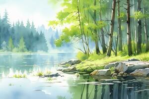 AI generated The serenity of a secluded forest lake.AI Generated photo