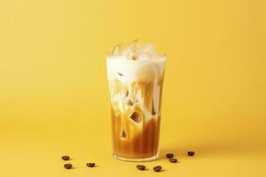 ai generado con hielo latté en amarillo antecedentes. ai generado foto