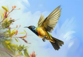 AI generated Olive backed sunbird, Yellow bellied sunbird flying in the bright sky. Generative AI photo