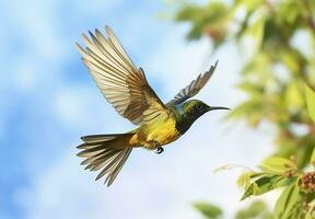 ai generado aceituna Respaldados pájaro sol, amarillo vientre Sunbird volador en el brillante cielo. generativo ai foto
