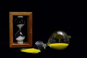 an hourglass with yellow sand and an hourglass in wooden box photo