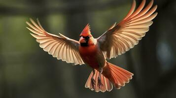 AI generated Northern Cardinal coming in for a landing. Generative AI photo