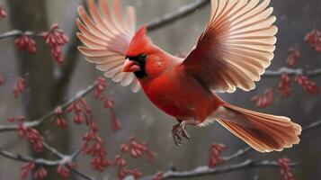 AI generated Northern Cardinal coming in for a landing. Generative AI photo