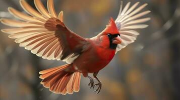 AI generated Northern Cardinal coming in for a landing. Generative AI photo