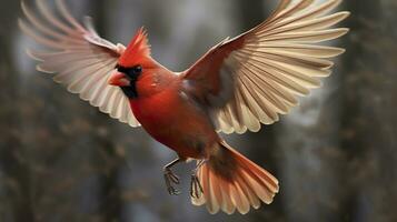 AI generated Northern Cardinal coming in for a landing. Generative AI photo