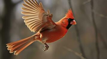 AI generated Northern Cardinal coming in for a landing. Generative AI photo